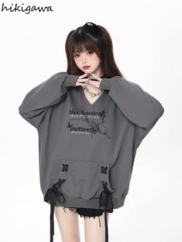 Harajuku Hanorace Imbracaminte Femei V-neck Casual Bandaj Buzunar Supradimensionat Topuri 2023 Ropa Mujer de Moda Streetwear Y2k Jachete