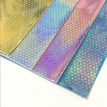 Holografic Curcubeu Laser Faux din Piele Foaie Hexagon Design Imprimate PU pentru Pantofi/Geanta/Poseta/DIY Meșteșug Material 46*135CM