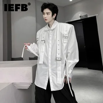 IEFB Barbati Maneca Lunga Tricouri Culoare Solidă Dantela-up coreeană de Moda Toamna Masculin Tricou Haina Imbinate Elegant Retro Stil Safari 28W1282