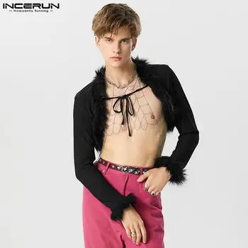 INCERUN Topuri 2023 Stil American Bărbați Trunchiate de Pluș Despicare de Design de Tricouri Casual, Sexy Fierbinte de Vânzare Lega Pp Cardigan Bluza S-5XL