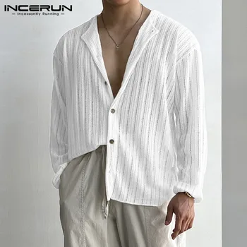 INCERUN Topuri 2023 Stil coreean Mens Vertical Design Tricotate Tricouri Moda Simplu Masculin Solid All-meci Bluză cu Mâneci Lungi S-5XL
