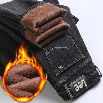 Iarna 2023 Noi Fleece Gros și Cald Blugi Barbati Stretch Slim Mic Picior Drept Barbati Brand Gros Pantaloni pentru Bărbați