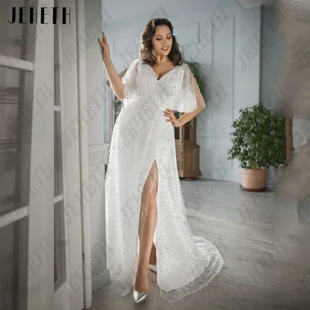 JEHETH Rafinat Rochie de Mireasa Plus Size V-Neck Batwing Mâneci Rochii de Mireasa Cu ștrasuri din Mărgele Side Split-Linie vestidos de novia
