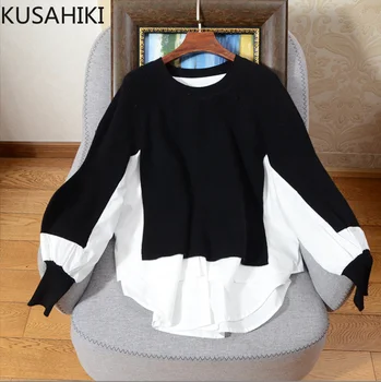 KUSAHIKI2023 Toamna Iarna Tricotate pentru Femei pulover Pulover de Cauzalitate Mozaic Maneca Lunga O-gât Trage de Femme coreean Jumperi 6B728