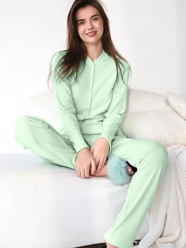 Linad Verde Pijamale Pentru Femei 2 Seturi De Piese Maneca Lunga Din Tricot Gât O Pijamale Femei Casual, Costume Cu Pantaloni Toamna Îmbrăcăminte De Noapte