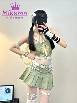 Mikumn Harajuku Y2k Set De Două Piese Femeile Stele Denim Crop Top Și Scăzut Talie Fermoar Plisata Fusta Mini Costum 2023 Nou Tinutele De Vara