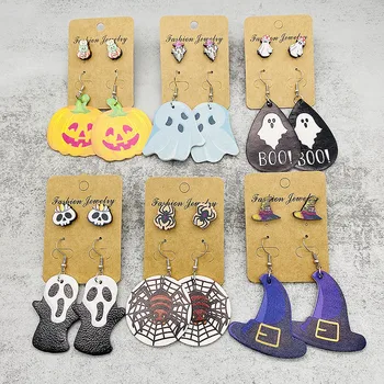 Moda de Halloween Set de Bijuterii Fantomă Vrăjitoare Păianjen Web Cercei din Lemn Teroare Dovleac Piele Cercei pentru Femei Fata de Bijuterii Cadou