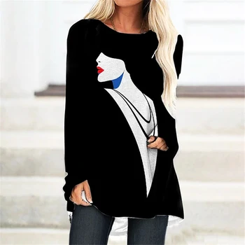 Moda pentru femei T-Shirt 2023 Toamna Și Iarna Casual cu Maneci Lungi Imprimate 3d Rotund Gat Haine Largi Versiune Versiune mai Mare de Sus