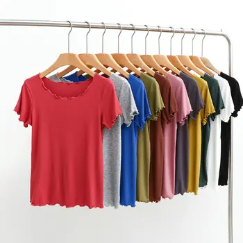 Modal Gât Rotund Maneca Scurta Bottom T-shirt, cu Ureche din Lemn Tăiate Maneca Femei Simplu și Confortabil Fir T-shirt