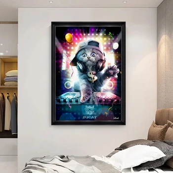 Muzica DJ Super Cool Pisica Animal de Artă Panza Pictura Postere si Printuri de Arta de Perete de Imagine pentru Camera de zi Decor Acasă (Fara Rama)