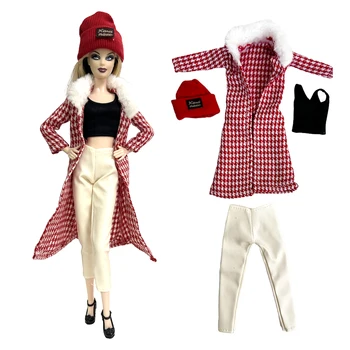 NK Oficial 1 Set de Moda 1/6 papusa street style in carouri set: sacou lung negru+vesta+pantaloni+red hat Pentru Papusa Barbie Accesorii