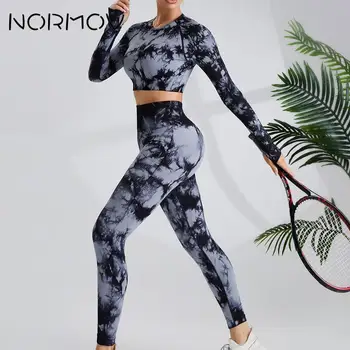 NORMOV 2 buc Cravata Vopsire Yoga Maneca Lunga Set Ridică Fundul Femeilor Sport Set de Talie Mare Sală de sport Seturi pentru Femei fără Sudură Antrenament Set