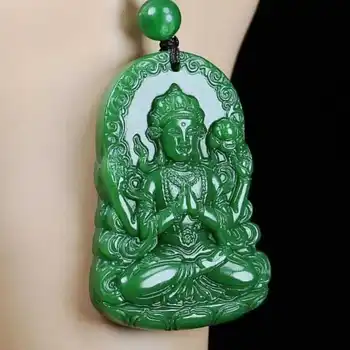 Naturale jad Verde sculptura Avalokitesvara pandantiv+Colier en-Gros Lanț Pandantive Inima Breloc Tibetan Cravată de Vindecare