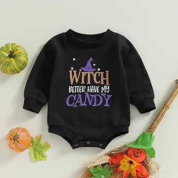 Noi Halloween pentru Copii Fete si Baieti Set Violet Scrisoare de Imprimare Tricou Copil Romper Glugă Gât Rotund cu Bule Pentru 0-3T