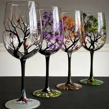 Noi Patru Sezoane Copaci Pahare De Vin Creative Tipărite De Înaltă Picioare Cupa De Sticla Pentru Vin, Bere, Cocktail De Mare Capacitate Cupa De Sticla Set