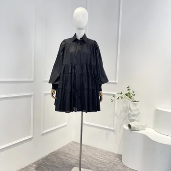 Noua colectie de Calitate de Top Solid Alb Negru Mânecă Lungă Lanternă Mozaic Femei Vrac Rochie Mini Tricou Casual Stil