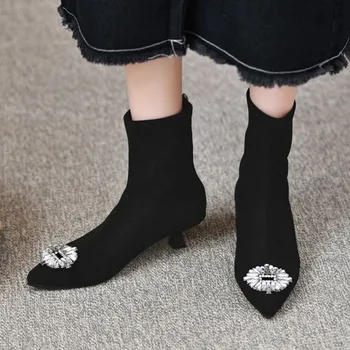 Nouă Femei Glezna Cizme de piele de Căprioară Faux Mijlocul Tocuri Pantofi de Iarna Negru a Subliniat Deget de la picior Papuceii Stras Pantofi Rochie pentru Femei 1578N