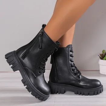 Pantofi Femei 2023 Noua Moda Talpă Solidă Din Piele Dantela Sus Fund Gros Dublu Fermoar Impermeabil Plus Dimensiune Cizme Scurte