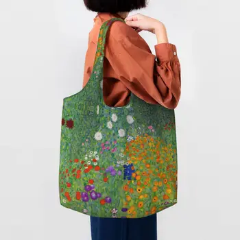 Personalizat Gustav Klimt Grădină De Flori Panza Geantă De Cumpărături Femei Portabil De Mare Capacitate Alimentar Pictura Shopper Tote Pungi, Genți De Mână