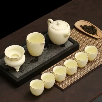 Piatră prețioasă de culoare galbenă ceramice set de ceai cu grăsime de oaie jad portelan high-end din piele ambalaj cutie