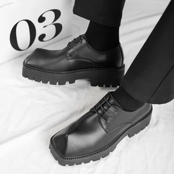 Platforma de moda Pantofi de Piele Barbati Square Toe Derby Pantofi Negru Dantelă-up Mocasini Barbati Pantofi Casual Înălțime în Creștere