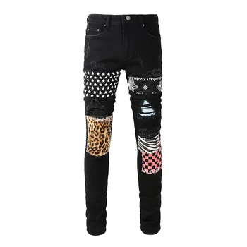 Rock punk stil de design Bărbați Stele Print Denim Jeans Leopard Patch-uri de Pantaloni Stretch Găuri Rupt Skinny Negru Pantalon Conic