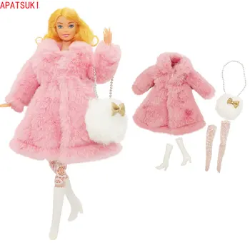 Roz Blană Faux Blana Lunga Set Haine Pentru Barbie Papusa de Moda Tinutele Șosete Cizme Pantofi Geanta 1/6 Păpuși, Accesorii pentru Copii, Jucării DIY