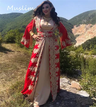 Roșu Tradițional Marocan Caftan Rochie De Seara 2023 Cu Aur Dantelă Sexy Plus Dimensiunea V Gât Islamic Turc Rochie De Bal Formale Petrecere