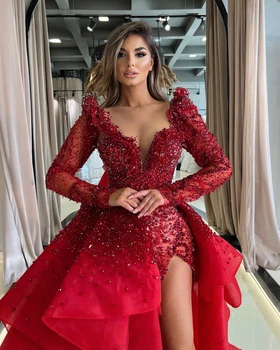 Roșu Ștrasuri Din Mărgele Rochii De Seara Detasabila Fusta Sexy Fantă Mare Parte Lungă Rochie De Bal Arab Dubai Rochie De Petrecere Rochie Vestido De Fiesta