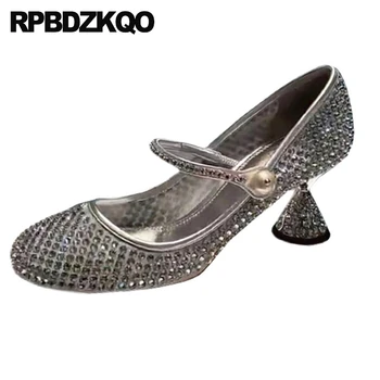 Runda Toe Perla 34 Gros Metalic Diamant Bijuterie Pompe Pantofi Femei Cristal Piele Toc Mesh Stras Mary Jane