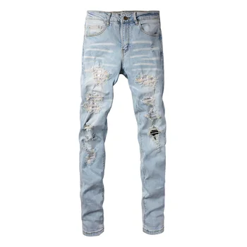 SUNT de Brand de Moda pentru Bărbați Blugi Hip Hop Direct de Spălare Bumbac Cerșetor Pantaloni Denim Skinny Casual Rupt Pantaloni Slim Patch