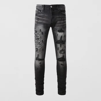 SUNT de Moda de Stradă pentru Bărbați Blugi Retro Negru Gri Stretch Slim Gaură Pantaloni din Denim Brand Patch-uri de Designer Hip Hop Pantaloni Hombre