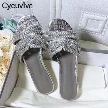 Sexy Flip Flops Apartamente de Vară Stras Femei papuci Cristal de Argint Pantofi doamnelor Aur Verde Sandale Plate Catâri Pista Plaja Sh