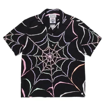 Spider Web Print NEBUN MARIA Tricouri Negre Supradimensionate 1:1 de Înaltă Calitate Cap de Lup cu Mânecă Scurtă Cămăși Hawaiiene