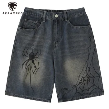 Streetwear Spălat Jean pantaloni Scurți pentru Bărbați Supradimensionate Spider Grafic de Imprimare Cinci Punct de Pantaloni de Moda Casual, Talie Elastic pantaloni Scurti din Denim