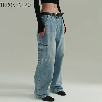 TEROKINIZO coreeană de Moda Denim Pantaloni Femei Culoare Solidă Buzunar Design Casual, Blugi Largi de sex Feminin New Sosire Talie Mare Pantaloni