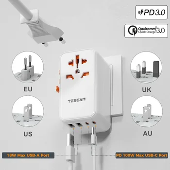 TESSAN 65W/100W Universal Adaptor de Călătorie cu USB de Tip C PD Încărcare Rapidă Internaționale Conectați Adaptorul de Alimentare UE/marea BRITANIE/SUA/AUS