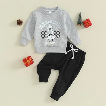 Toddler Boys Tinutele de Crăciun Scrisoare om de Zăpadă de Imprimare Maneca Lunga, Jachete și Culoare Solidă Pantaloni Lungi 2 buc Set Haine