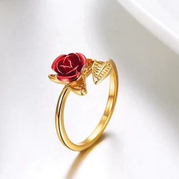 Trandafir rosu Metal de Deschidere Inel Floare Stras Frunze Reglabil pe Deget Inel Pentru Femei de Ziua Îndrăgostiților Logodna Bijuterii Cadou