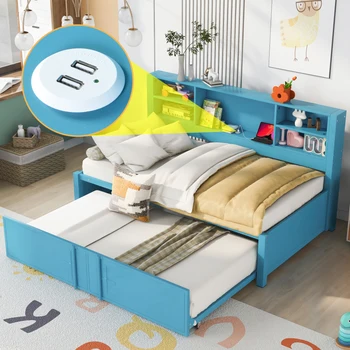 Twin Dimensiune Pat,pat Copii,Pat Multifuncțional cu două Dimensiuni Trundle, Rafturi de Depozitare și Porturi USB,Confortabil Pentru Dormitor