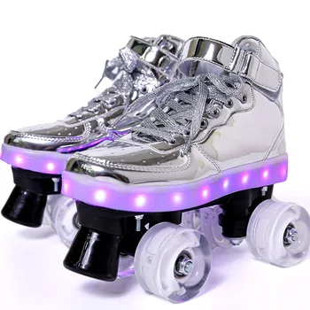 USB de Reincarcare LED Flash Patine cu rotile Pantofi cu 4 roti Pentru o Femeie Adult Copii Dublu-Rând Outdooe Interior Scripete Pantofi
