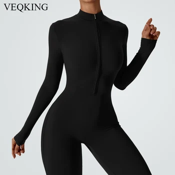 VEQKING Sport Body Femei-O Bucată cu Mâneci Lungi Yoga Set fără Sudură Uscare Rapidă Costum de Sport de Fitness Strâns Antrenament Set