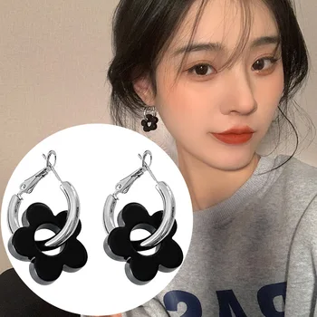VOQ Argint Culoare Negru Cercei Floare 2023 Tendință coreean Elegant Teen Accesorii Bijuterii Femei Cercei