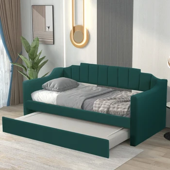 Verde Tapitat Twin, Pat de zi cu Trundle,Usor de asamblat pentru interior mobilier de dormitor