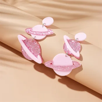 Versiunea coreeană de Moda Nișă de Desene animate Drăguț și Dulce Fată Inima Roz Fantezie Sclipici Roz Planeta Acrilice Rotunde Cercei