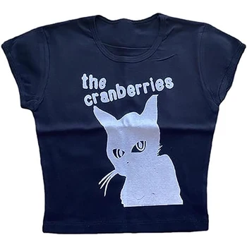 Y2K Vara Scrisoare Pisica Print Curea de Rezervor de Top Scurt Fit T-shirt Strada Gotic Îmbrăcăminte Curea Moda Femei Scurte T-shirt