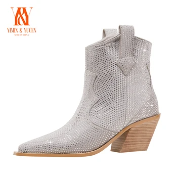 YIMIN & YUCEN 2023 Toamna Iarna Europa, America de Stil Scurt Cizme a Subliniat Toe cu Toc Bling Pantofi de Moda Pentru Femei JL0895M