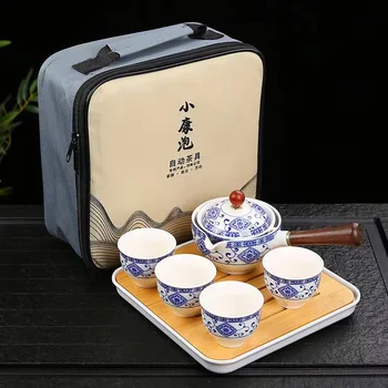ceramica om leneș pentru prepararea de ceai artefact de călătorie portabil automat set de ceai mâner lateral oală de ceai kung fu set ceai cu tava logo-ul