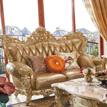În stil European din piele canapea combinație de mari dimensiuni din lemn masiv față-verso sculptate șampanie aur set canapea