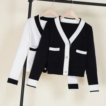 Croșetat Top Doamnelor Tricotate Pulovere Jersey Negru pentru Femei Haina de Primăvară 2023 Trunchiate Bluze Cardigan Feminin Stil de Moda coreeană